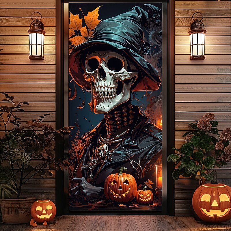 Halloween Door Covers Skeletons Witch Door Tapestry Door Curtain Decoration Backdrop Door Banner for Front Door Farmhouse Holiday Party Indoor Outdoor Decor Supplies
