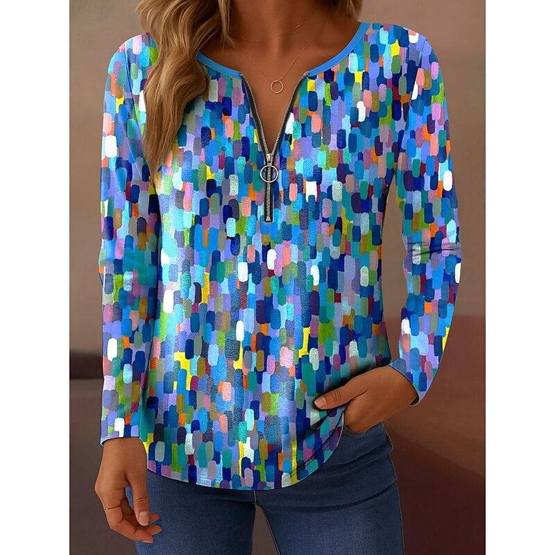 Women's T shirt Long Sleeve Quarter Zip Long Sleeve Casual Ombre Graphic Abstract Elegant Vintage Stylish V Neck Regular Tops Daily Pink Blue Orange Green Spring Fall Prefall