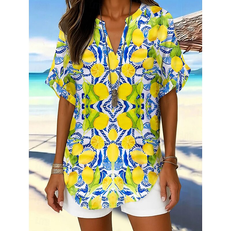 Women's Boho Shirt Floral Graphic Leaf Elegant Bohemia Daily Short Sleeve Regular Tops Daily Holiday Yellow Pink Blue Summer Spring3