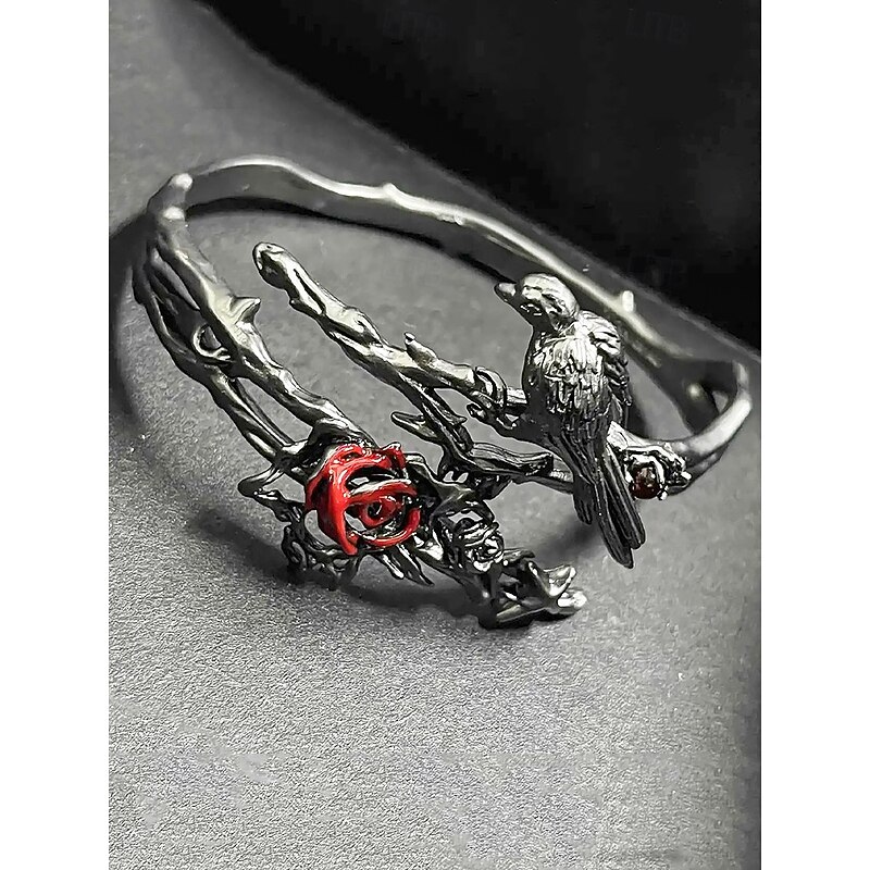 Vintage Black Bird & Red Rose Cuff Bracelet - Gothic Branch - Shaped Open Bangle for Women