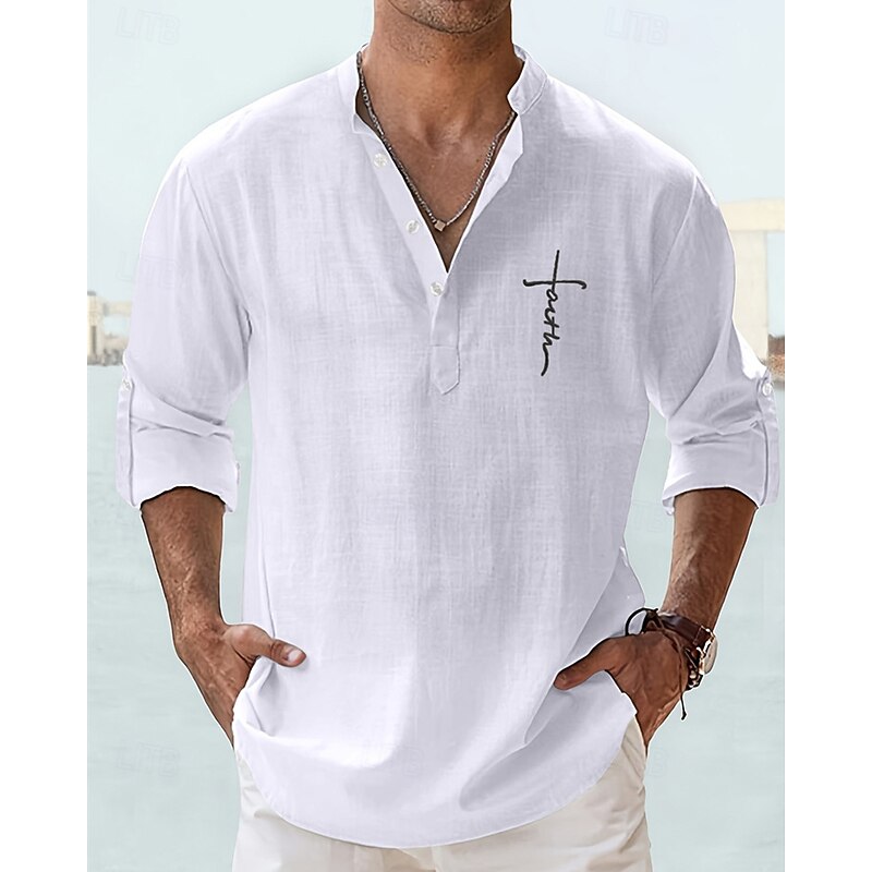 Men's Shirt Linen Shirt Popover Shirt Casual Shirt Cotton Shirt Cross Vacation Hawaiian Black White Yellow Pink Long Sleeve Band Collar Spring Fall Clothing Apparel Print