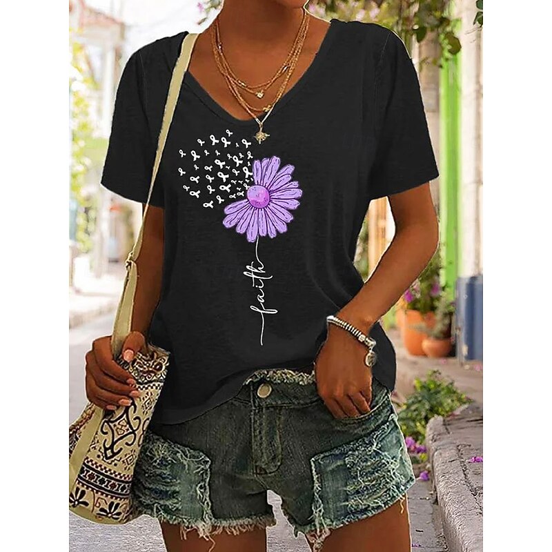 Women's T Shirt Floral Graphic Letter Bohemia Vintage Stylish Short Sleeve V Neck Regular Tops Daily Going out Weekend Print Black White Pink Purple Green Summer Spring