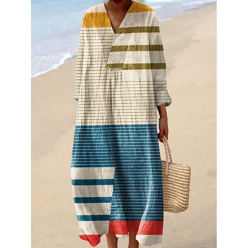 Women's Midi Dress V Neck Long Sleeve Kaftan Lightweight Loose Fit A Line Dress Casual Boho Going out Graphic Geometric Long Sleeve V Neck Pink Blue Green Fall
