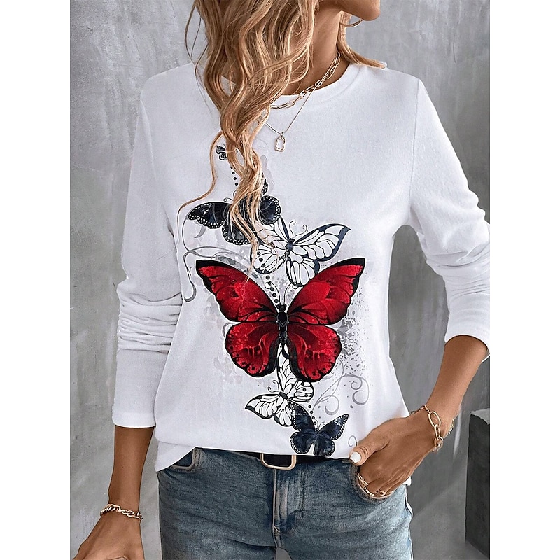 Women's T shirt Crew Neck Long Sleeve Tunic Graphic Butterfly Vintage Casual  Regular Tops Daily Print Red Blue Rainbow Spring Fall