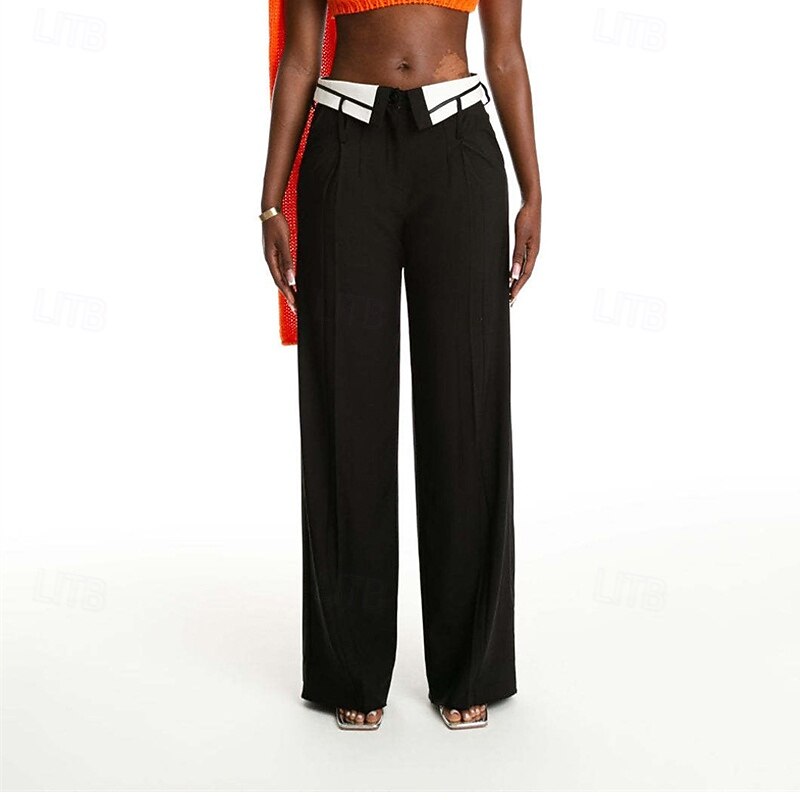 Women's Work Pants Pants Trousers Straight Fashion Streetwear Full Length High Waist Plain Breathability Comfortable Street Daily Wear Going out Lake blue Black Spring Fall Regular Fit