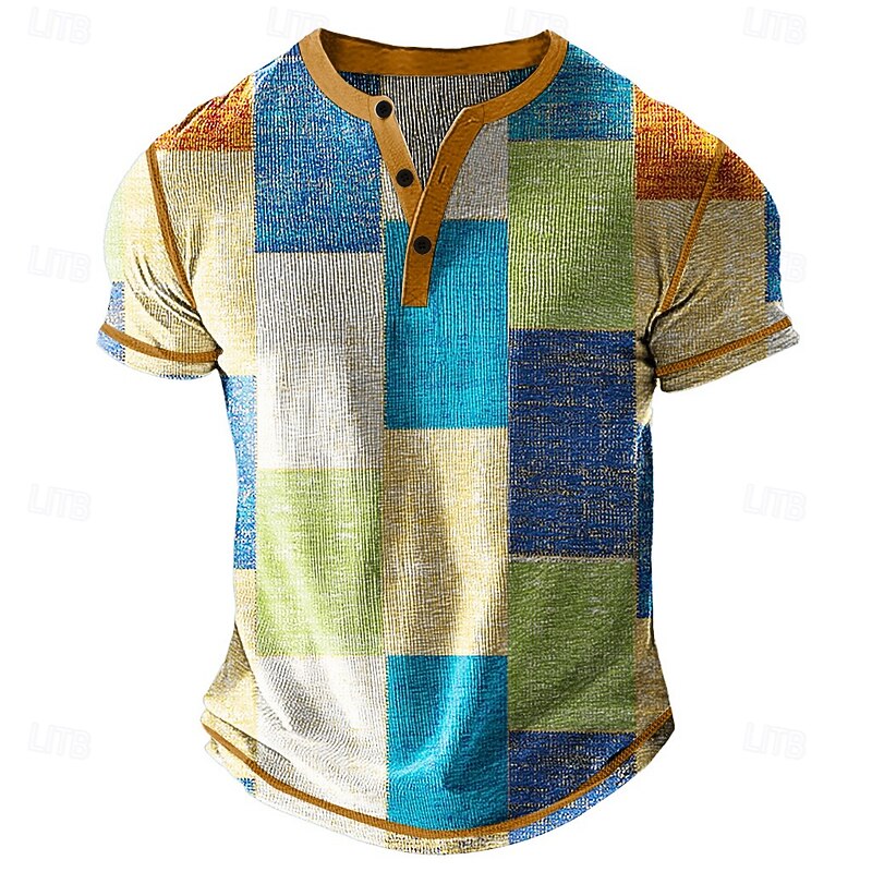 Men's Color Block Patchwork Henley Shirt Waffle T Shirt Short Sleeve Daily Retro Vintage Graphic Sports Outdoor Casual Holiday Spring & Summer All Seasons Blue Yellow Green Grey Henley Henley T-Shirt2