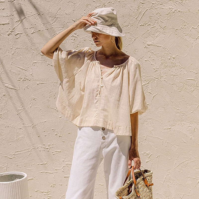 Women's 100% Cotton Shirt Blouse Plain Elegant Vintage Daily Half Sleeve Lantern Sleeve Crew Neck V Neck Regular Tops Daily Holiday Going out Ruched White Apricot Summer Spring Fall2