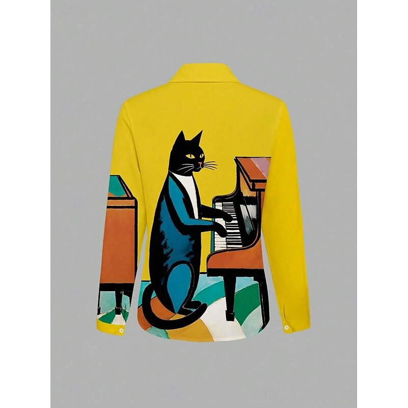 Women's Shirt Button Down Tunic Shirt Collar Long Sleeve Graphic Animal Abstract Active Vintage Cute Regular Tops Work Daily s Print Yellow Spring Fall Winter2