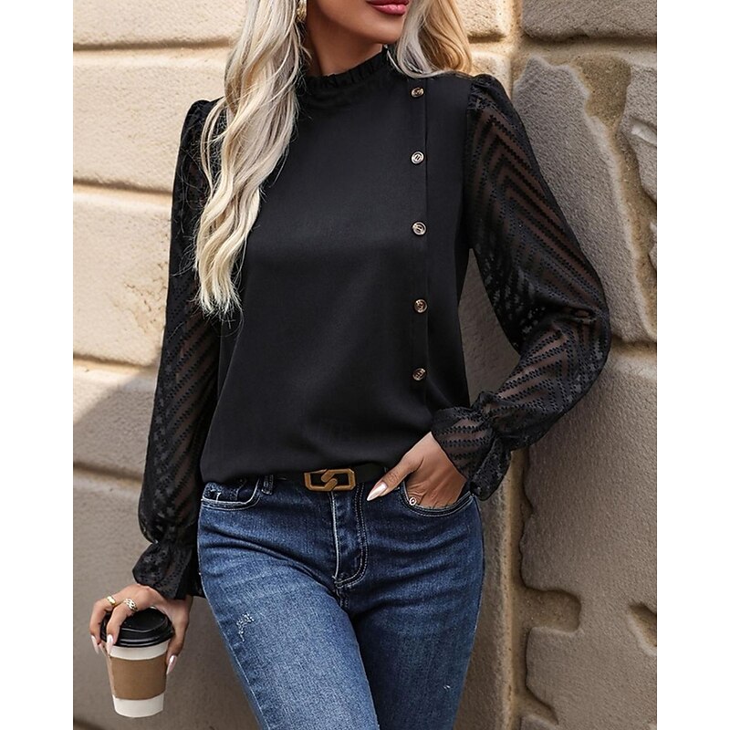 Women's Shirt Texture Blouse Plain Stylish Modern Long Sleeve High Neck Regular Tops Daily Going out Buttons Mesh Black Spring Fall2