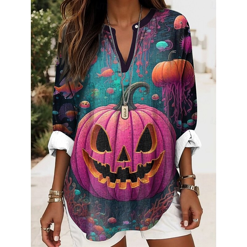 Halloween Women's Blouse Pumpkin Print Tunic V Neck Long Sleeve Boho Casual Tops Graphic Vintage Stylish Regular Tops Daily Print Black Blue Dusty Blue Purple Orange Fall3