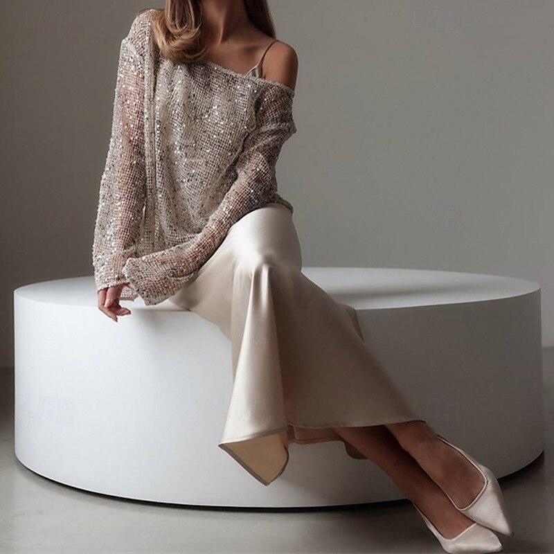 Women's Texture Blouse Sequin Sparkly Party Plain Fashion Modern Long Sleeve Crew Neck Regular Tops Daily Sequins Eyelet Gray Summer2