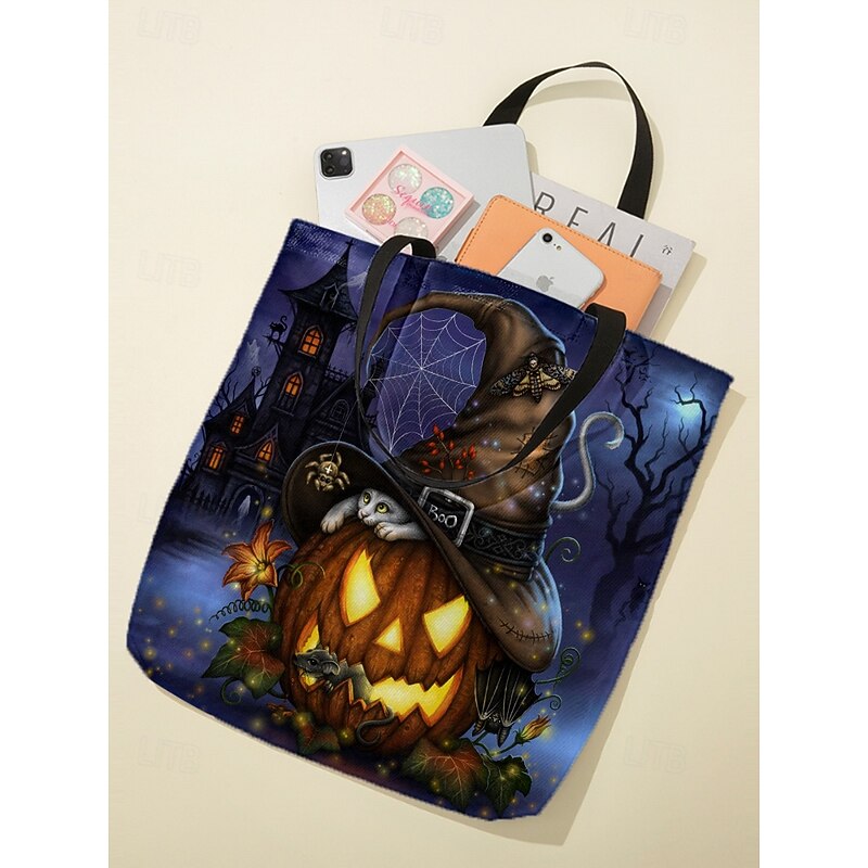 Women's Halloween Pumpkin Cat Print Tote Bag By Sarah Richter– Large Reusable Polyester Shoulder Bag with Zipper Pocket for Holiday Shopping & Parties3