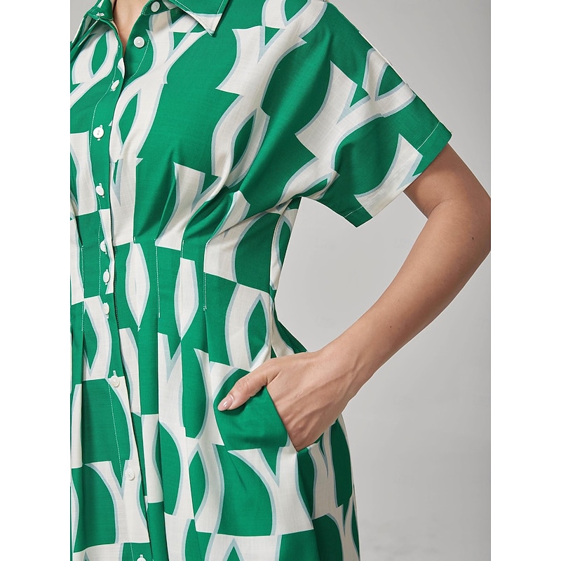 Vintage Green Geometric Pleated Shirt Dress2