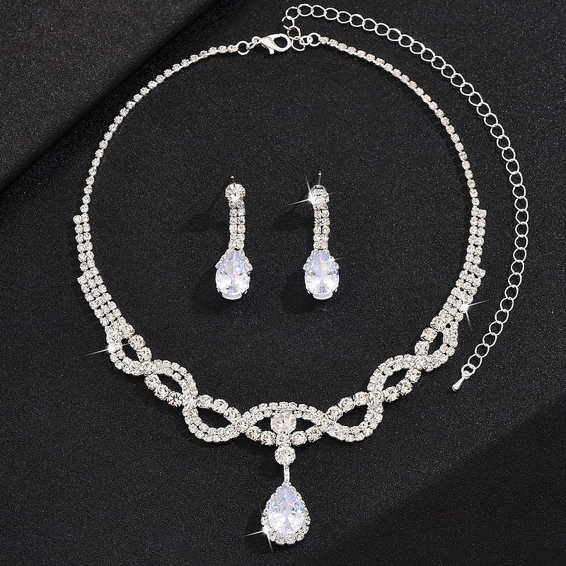 Bridal Jewelry Sets Two-piece Suit Zircon Imitation Diamond 1 Necklace Earrings Women's Fashion Sweet Lovely Hollow Out Love Precious Diamond Water Drop Jewelry Set For Wedding Gift Daily4