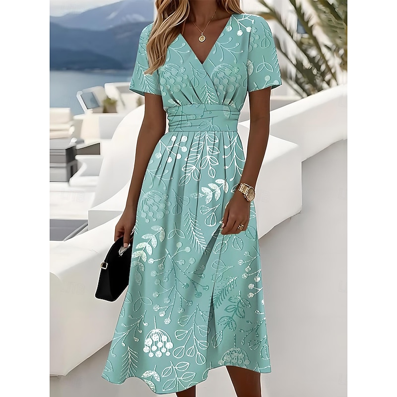 Women's Elegant Midi Dress A Line Dress Wrap Dress V Neck Short Sleeve Regular Fit Floral Graphic Blue Green Dark Blue3