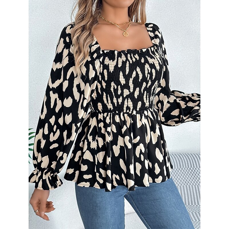 Women's Blouse Graphic Stylish Casual Long Sleeve Square Neck Regular Tops Daily Print Black White Green Summer Spring Fall4