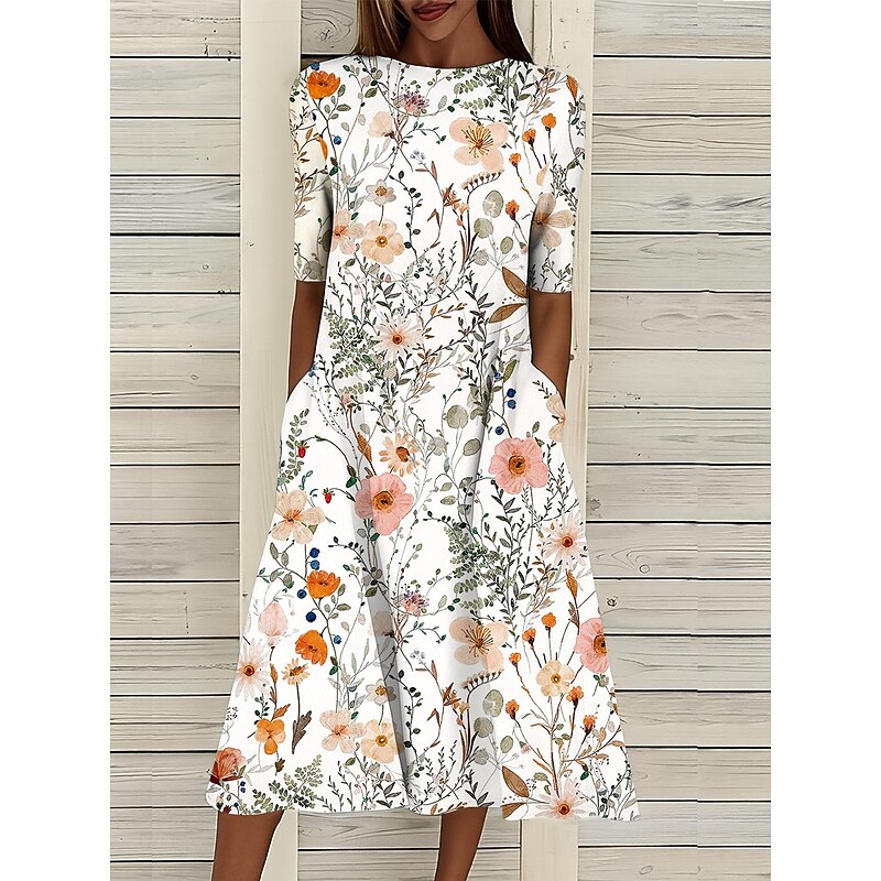 Women's Midi Dress T Shirt Dress Tee Dress A Line Dress Summer Dress Vacation Casual Beach Date Summer Dress Regular Fit Floral Graphic Short Sleeve Crew Neck White Pink Blue Sky Blue Summer4