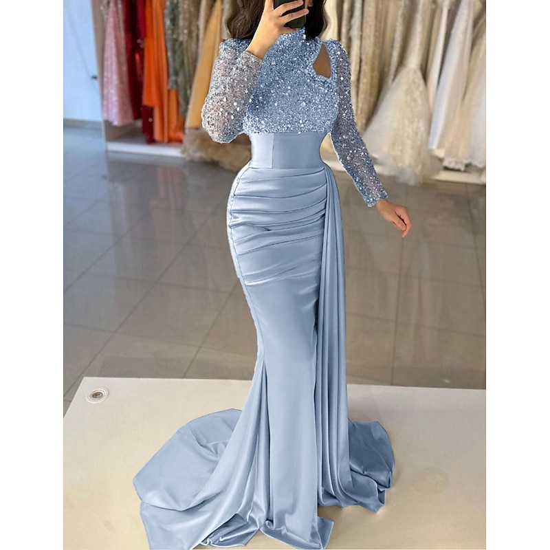 Mermaid Evening Gown Sequin Elegant Dress Formal Sweep / Brush Train Long Sleeve High Neck Satin with Pearls Masquerade Dress2
