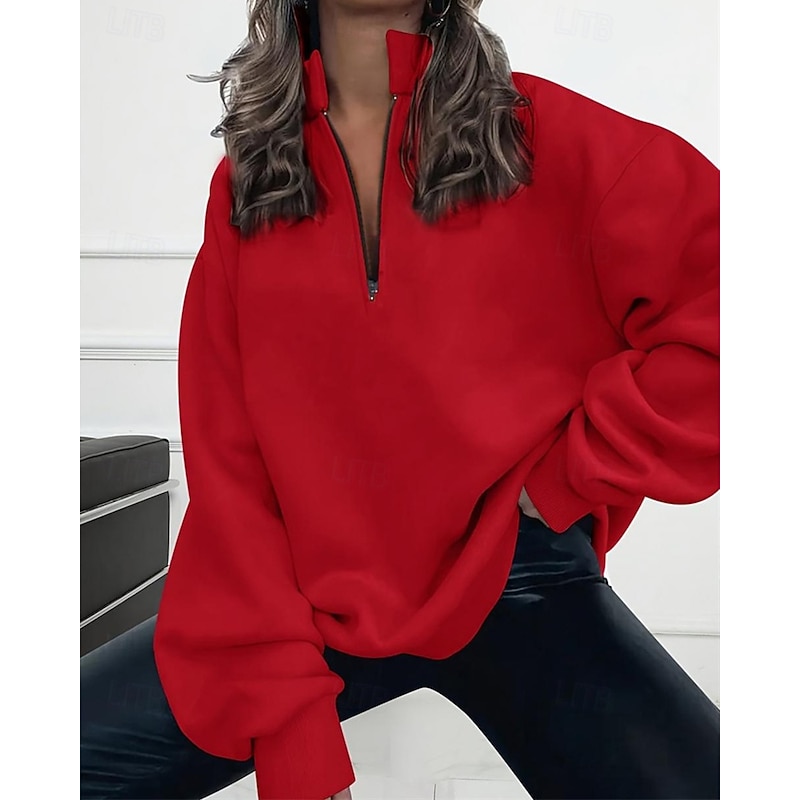 Women's Sweatshirts Zip Up Sweatshirts Plain Streetwear Casual Comfy Long Sleeve High Neck Regular Tops Street Holiday Going out Half Zipper Quarter Zipper Quarter Zip Red Fall Winter2