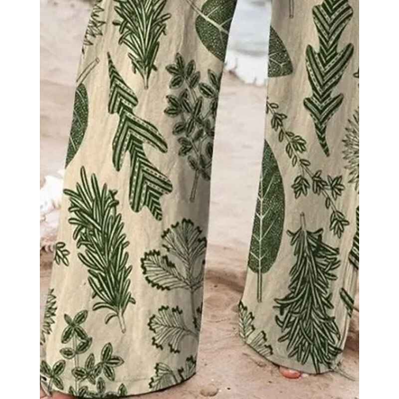 Women's Wide Leg Pants Trousers Palazzo Pants Fashion Boho Full Length High Waist Plants Elastic Waist Drawstring Print Breathability Comfortable Street Daily Wear Going out Green Spring Fall Regular3