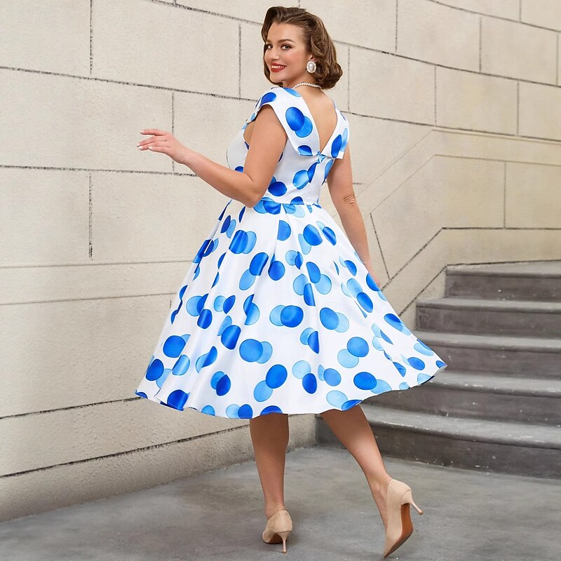 Retro Vintage 1950s Rockabilly Midi A Line Dress Flare Dress Plus Size Polka Dot A-Line V Neck Fancy Dress Women's Vacation Homecoming Party & Evening Adults Dress Spring & Summer2