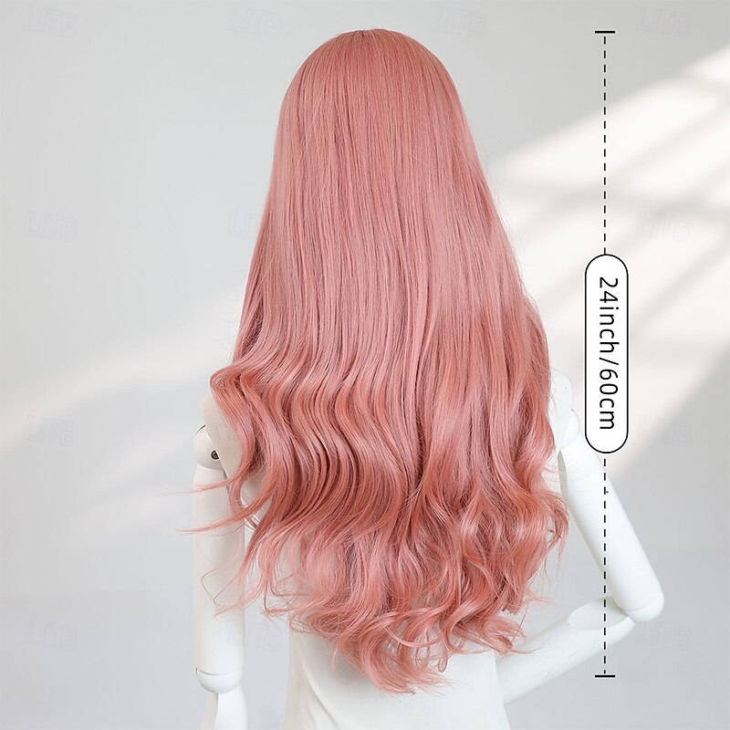 24″ Long Pink Wavy Wig – No Bangs, Full-Length Synthetic Hair, Ideal for Halloween, Cosplay & Everyday Glam4