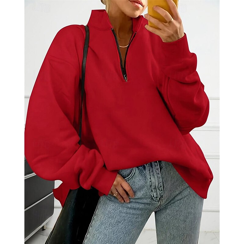 Women's Sweatshirts Zip Up Sweatshirts Plain Streetwear Casual Comfy Long Sleeve High Neck Regular Tops Street Holiday Going out Half Zipper Quarter Zipper Quarter Zip Red Fall Winter