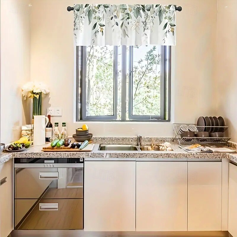 1 Piece Of 54 Inch * 18 Inch Green Leafy Vegetable Kitchen Short Curtain -100% Polyester Machine Washed Pole Mouth Curtain With Eyelets Translucent Leaf Design Suitable For Living Room Bedroom Bathroom3