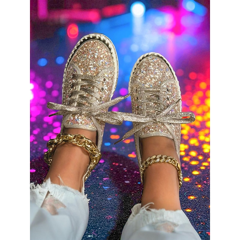 Women's Glitter Lace-Up Platform Sneakers - Sparkly Sequin Casual Shoes for Nightlife, Parties and Club Outfits3