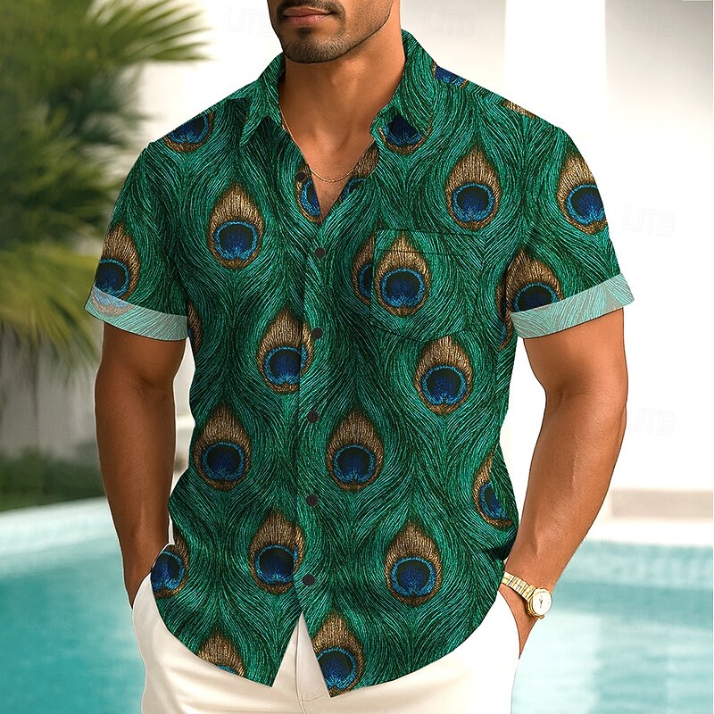 Men's Peacock Feather Shirt Summer Shirt Button Up Shirt Short Sleeve Vintage Retro Outdoor Vacation Dailywear Summer Spring Turndown 3D Print Collared Shirts Front One Pocket Blue Green