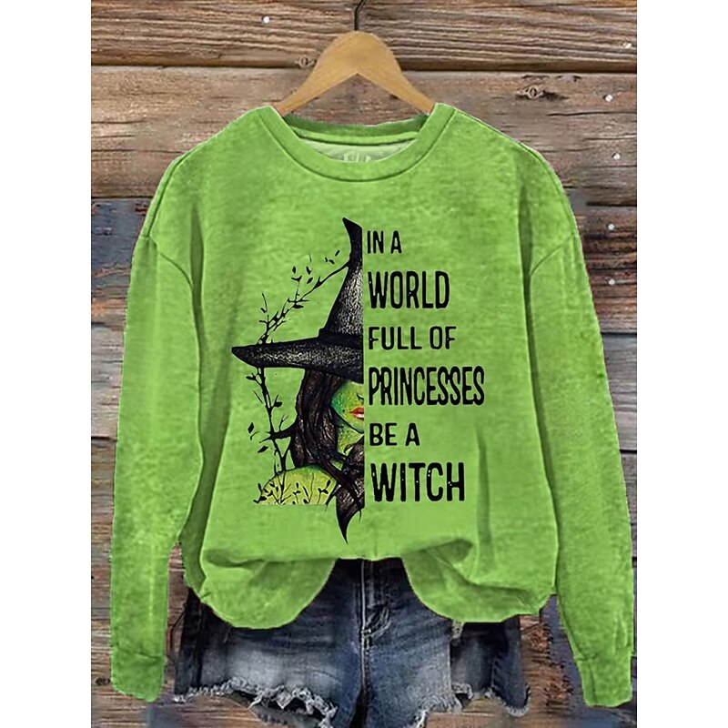 Halloween Women's Sweatshirts Witch Graphic Casual Long Sleeve Crew Neck Regular Tops Street Dailywear Casual Print Black White Green Spring Fall Winter