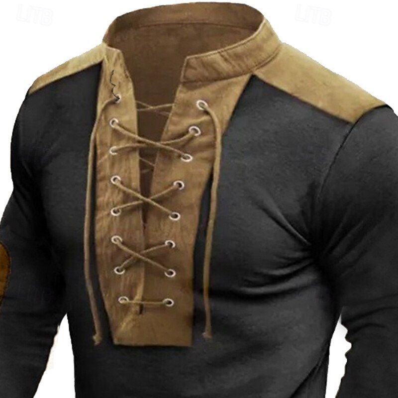 Men's Cotton Linen T Shirt Long Sleeve Standing Collar Henley Summer Spring Fall Plain Basic Rustic Modern Patchwork Drawstring Buttons Home Street Casual Black Gray Green Top Tee for Men2