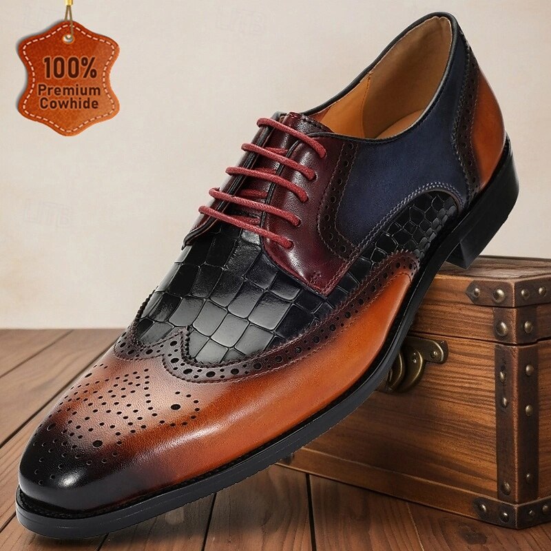 Men’s Wingtip Brogue Genuine Leather Dress Shoes – Dual-tone Crocodile Embossed Lace-up Style for Banquets, Vintage Fashion and Evening Parties