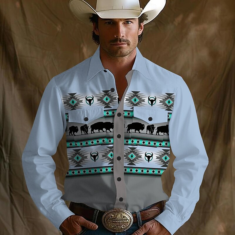 Men's Aztec Ethic / African Western Shirt Button Up Shirt Cowboy Shirt Long Sleeve Vintage Retro Outdoor Camping & Hiking Spring Fall Turndown 3D Print Front Two Pockets Linen Like Shirt Blue Khaki2