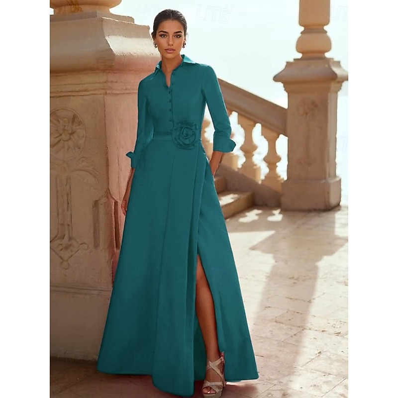 A-Line Mother of the Bride Evening Gown Elegant Dress Formal Wedding Floor Length 3/4 Length Sleeve Shirt Collar Pocket Taffeta with Slit