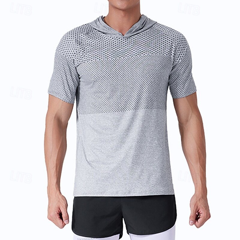 Men's Performance Shirt Sport Tee Shirt Short Sleeve Hoodie Top Outdoor Quick Dry Sweat wicking anti-odor Breathable Polyester Patchwork Dark Grey Blue Light Grey Fishing Tennis Running2