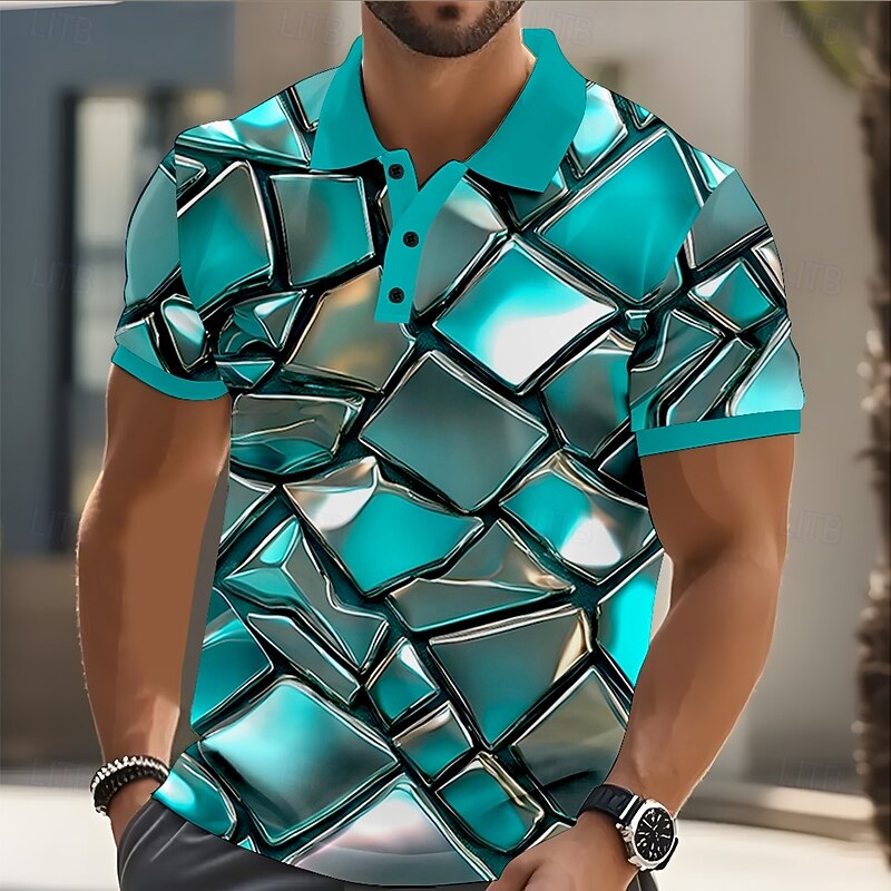 Men's Geometic Polo Short Sleeve Polo Shirts Collared Shirts Casual Outdoor Street Athleisure 3D Print Buttons Summer Red Blue Green