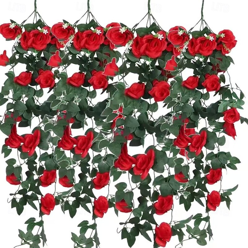 4 Pack Artificial Red Rose Vines with Green Leaves, Realistic Hanging Flowers for Wedding Christmas Decoration, Indoor Outdoor Home Garden Faux Floral Garland