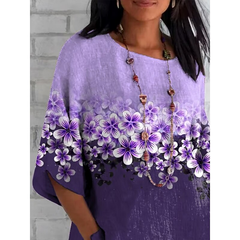 Women's T Shirt Floral Graphic Plants Vintage Classic Casual Half Sleeve Crew Neck Regular Tops Daily Weekend Beach Wear Print Violet Summer Spring Fall2