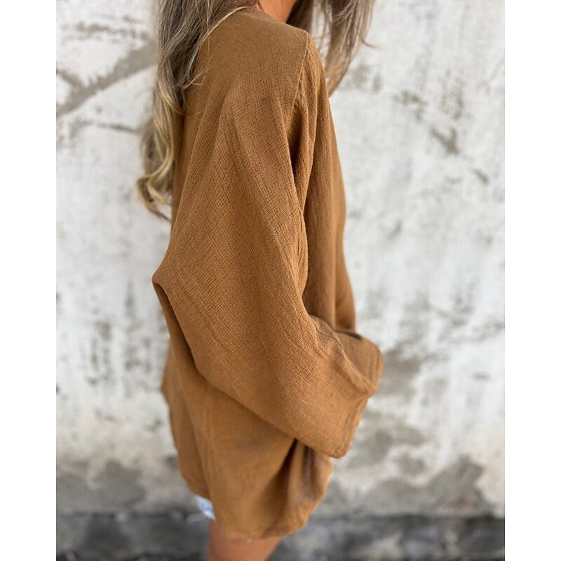 Women's Shirt Texture Blouse Cotton Linen Shirt Plain Stylish Modern Long Sleeve V Neck Regular Tops Daily Holiday Buttons Black Camel Brown Green Beige Spring Fall2