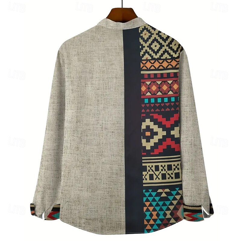 Men's Aztec Indian Culture Kokopelli Shirt Stand Collar Shirt Long Sleeve Ethnic Vintage Retro Vacation Daily Wear Going out Spring Fall Mandarin Collar Band Collar Button-Down Linen Like Shirt Khaki2