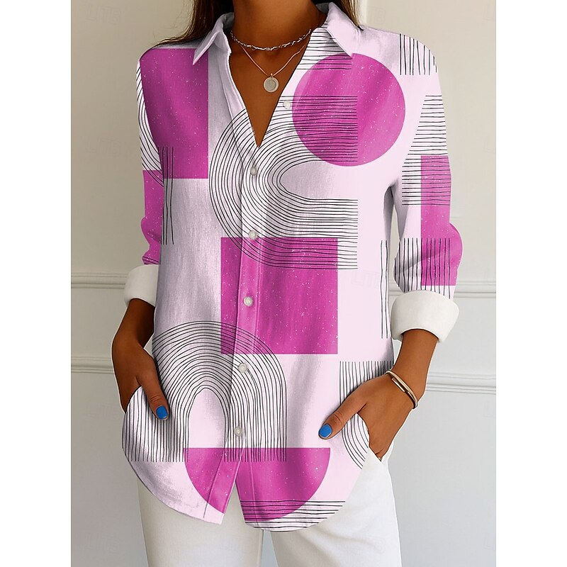 Women's Shirt Button Down Tunic Shirt Collar Long Sleeve Graphic Geometric Vintage Tropical Daily Regular Tops Work Daily s Print Yellow Pink Blue Green Gray Spring Fall3