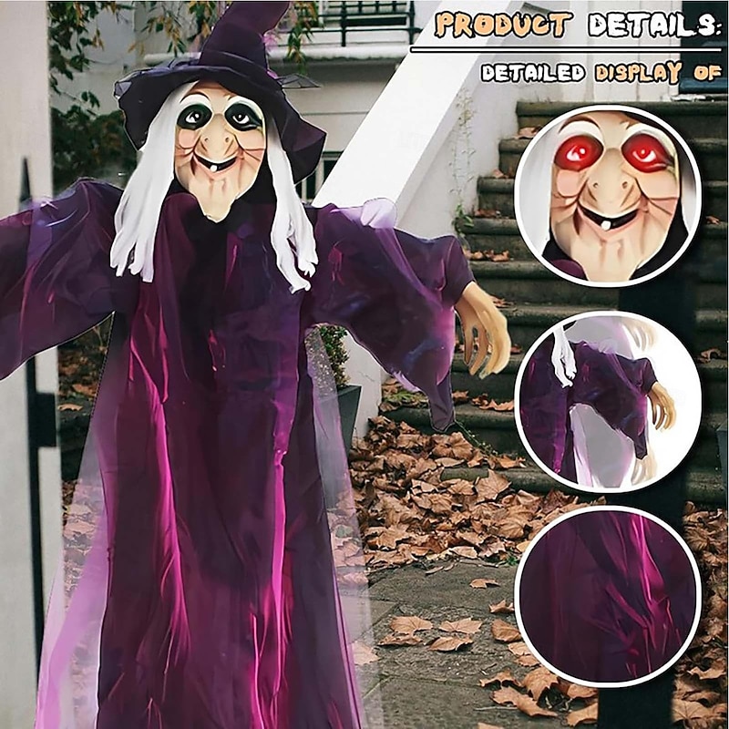 6 FT Flying Witch Halloween Decor Hanging Animated Witch Decoration with Light-Up Eyes and Sound Activation Function Scary Props House Decor for Outdoor/Indoor Garden Yard