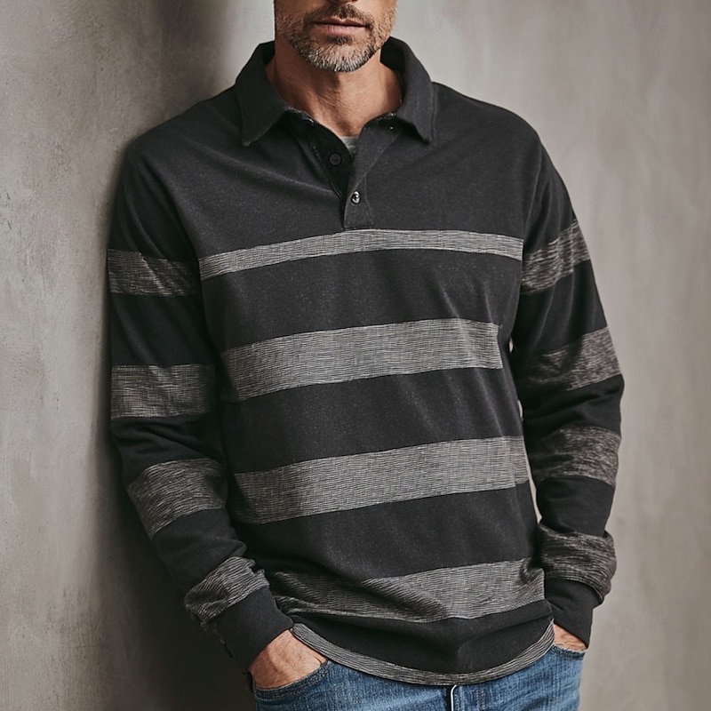 Men's Horizontal Stripes Rugby Polo Long Sleeve Polo Shirts Collared Shirts Sportswear Casual School Outdoor Athleisure 3D Print Buttons Spring Fall Winter Red Blue Brown2