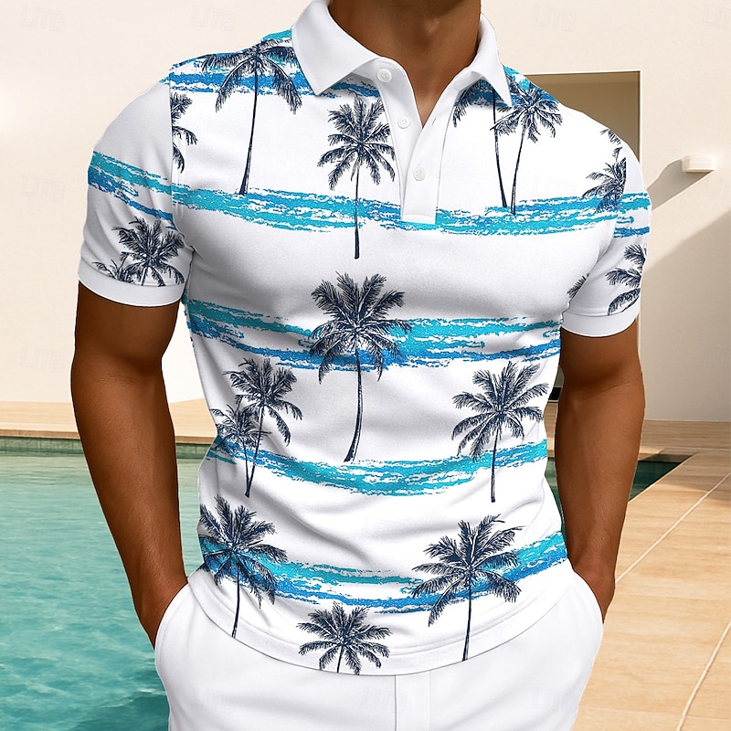 Men's Palm Tree Polo Hawaiian Polo Shirts Short Sleeve Polo Shirts Collared Shirts Casual Resort Daily Wear Home Wear Vacation Wear 3D Print Buttons Summer White Light Green Blue