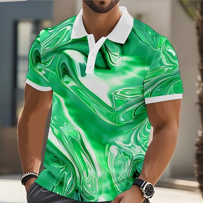 Men's Geometic Marble Polo Short Sleeve Polo Shirts Collared Shirts Casual Athleisure Outdoor clothing Streetwear Buttons Summer Blue Sky Blue Purple4