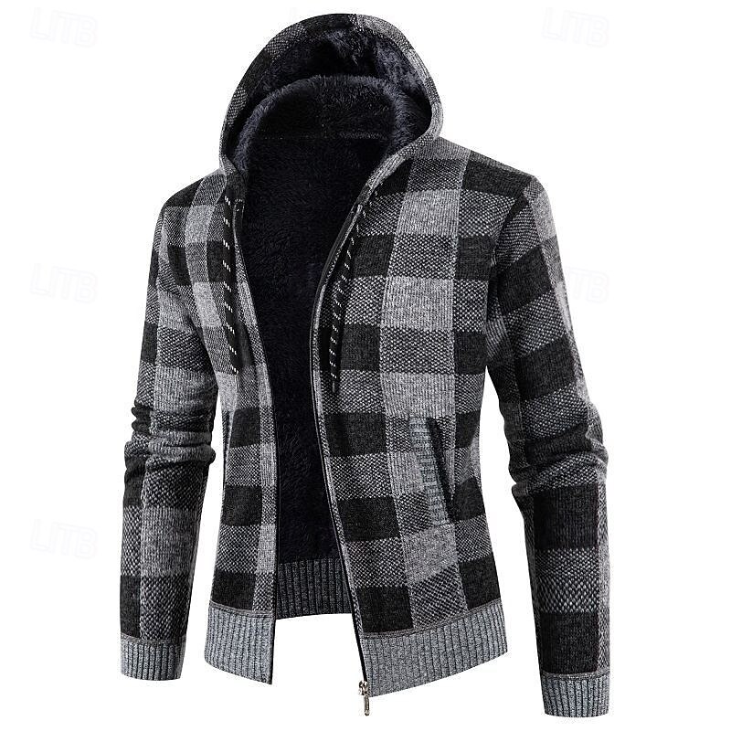 Men's Cardigan Sweater Cropped  Sweater Zip Sweater Knit Sweater Ribbed Knit Regular Tops Knitted Plaid Hooded Fashion Classic Vacation Daily Wear Clothing Apparel Fall Winter Red Navy Blue M L XL