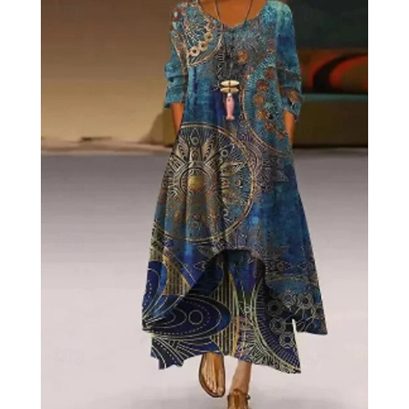 Women's Long Dress Maxi Dress Casual Dress Print Dress Fashion Modern Daily Beach Weekend Regular Fit Graphic 3/4 Length Sleeve V Neck Blue Gray Spring Fall4