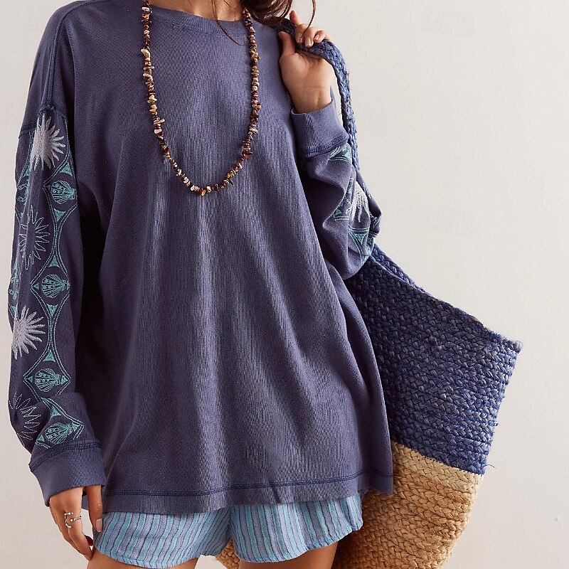 Women's Texture Sweatshirt Pullover Sweatshirt Sweatshirts Floral Streetwear Casual Long Sleeve Crew Neck Regular Tops Street Holiday Print White Blue Fall Winter2