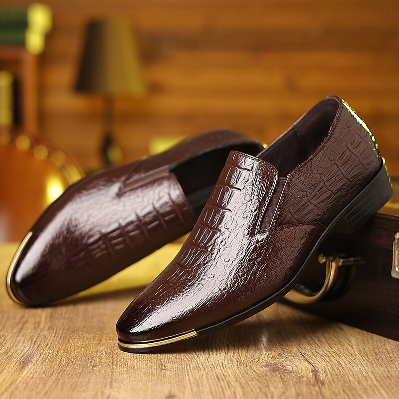 Men's Brown Faux Leather Crocodile Print Loafers – Glossy Slip-on Dress Shoes for Businessmen, Cocktail Parties and Formal Dinners3